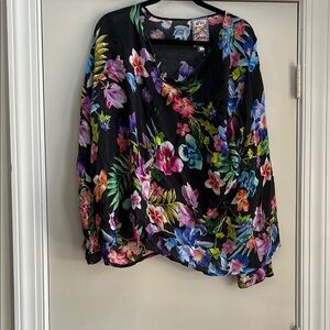 Johnny Was Floral Black button front Blouse Size XL Beautiful Vibrant Color